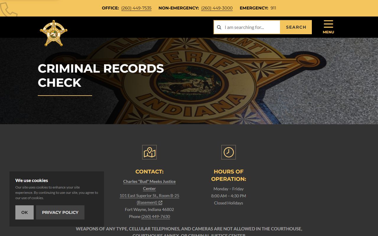 Allen County Sheriff criminal records check page for criminal history searches