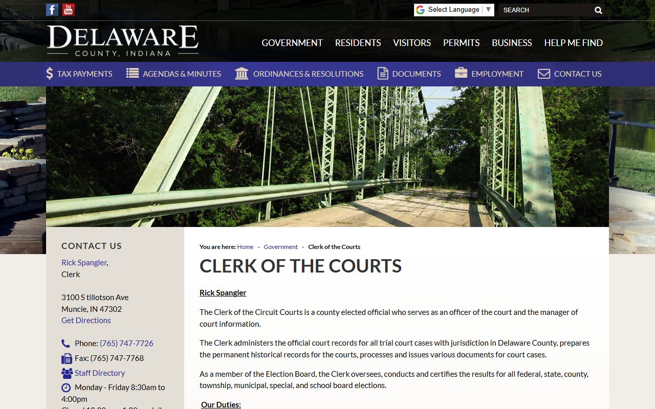 Delaware County Clerk's Office website for criminal history records in Muncie