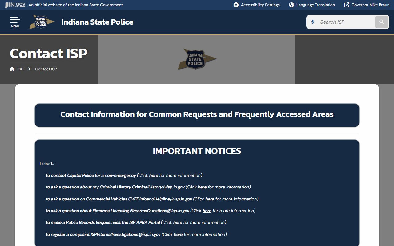 Indiana State Police criminal history contact page