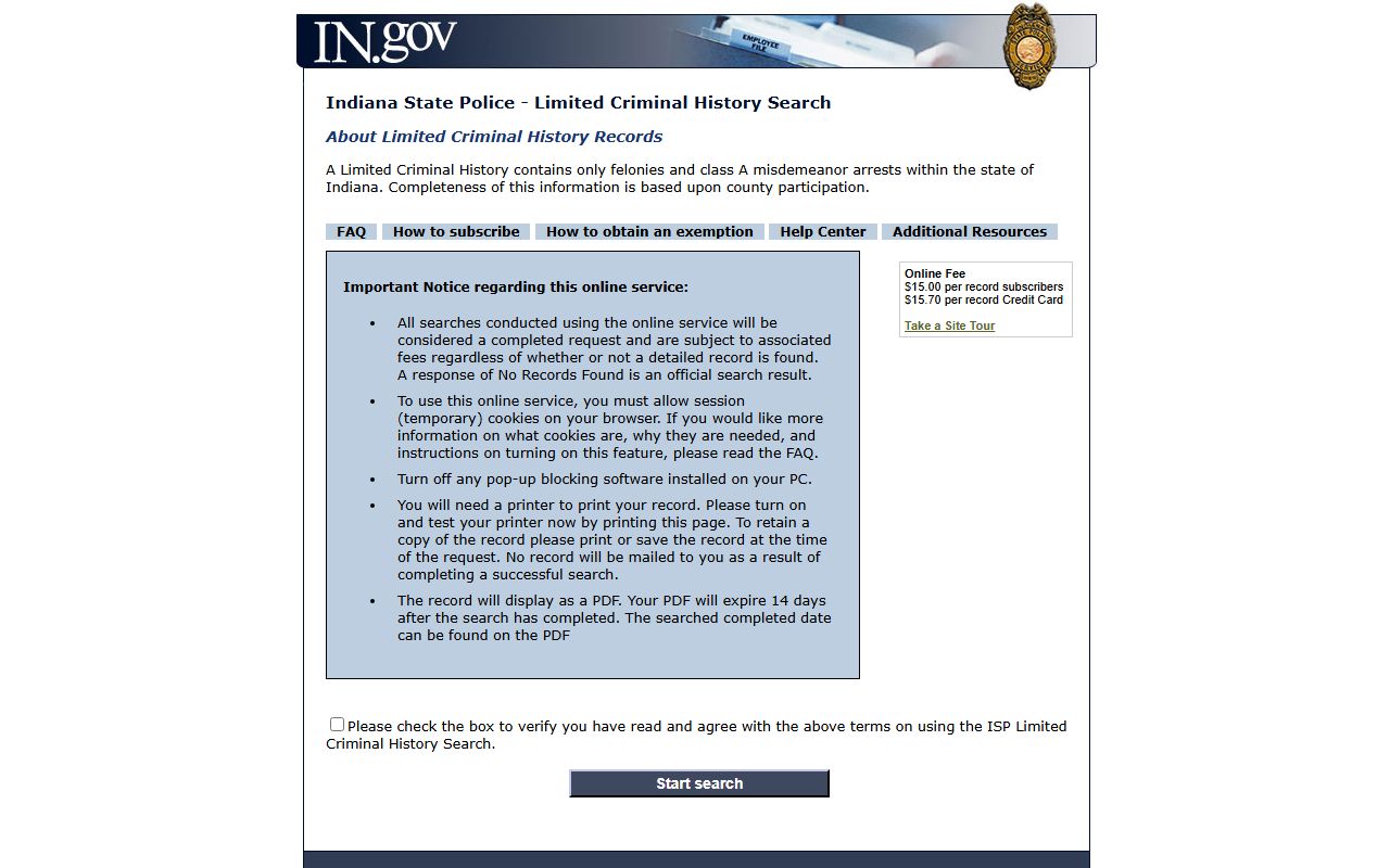 Indiana State Police Limited Criminal History search portal
