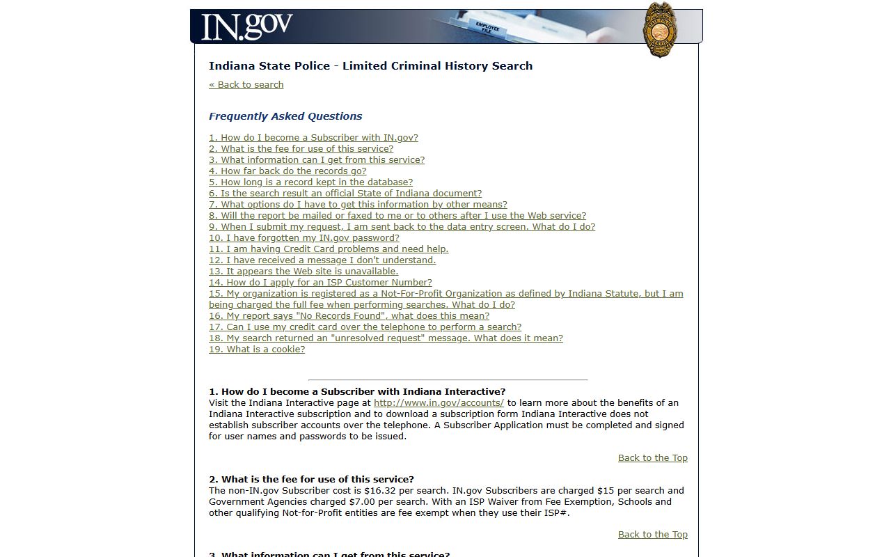 Indiana criminal history FAQ page from ISP