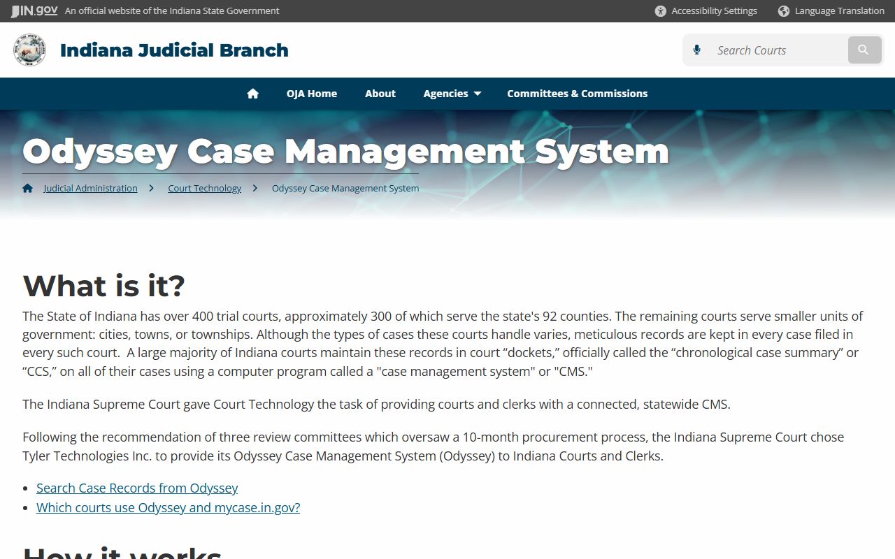 Indiana Odyssey Case Management System information for criminal history
