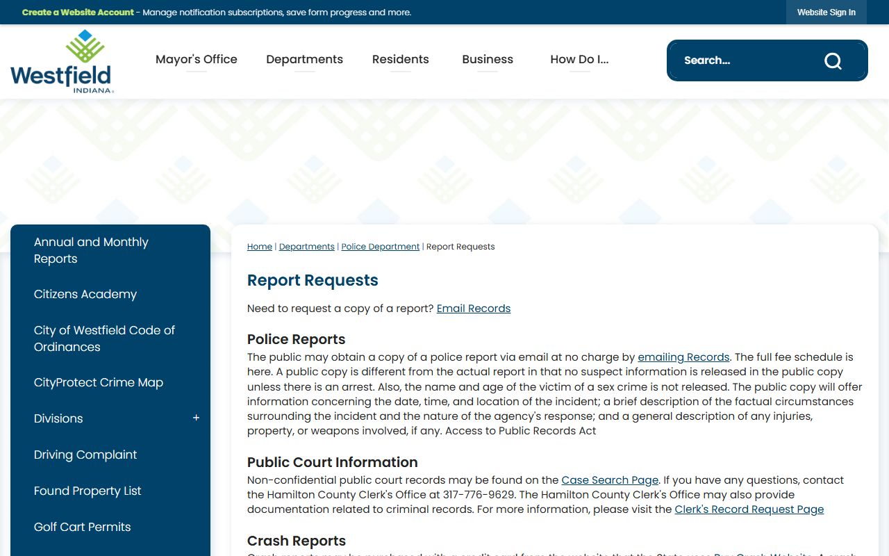 Westfield Indiana criminal history report requests